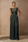 Buy_Tarun Tahiliani_Emerald Green Crinkle Tulle Embellished Crystal Boat Neck Jumpsuit _at_Aza_Fashions