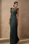 Tarun Tahiliani_Emerald Green Crinkle Tulle Embellished Crystal Boat Neck Jumpsuit _Online_at_Aza_Fashions