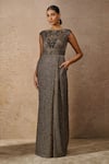 Buy_Tarun Tahiliani_Gold Crinkle Tulle Embellished Crystal Boat Neck Neckline Jumpsuit _at_Aza_Fashions