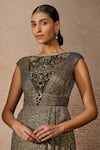 Tarun Tahiliani_Gold Crinkle Tulle Embellished Crystal Boat Neck Neckline Jumpsuit _Online_at_Aza_Fashions