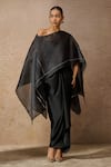 Buy_Tarun Tahiliani_Black Skirt Satin Plain Asymmetric Organza Short Kaftan Top Set _at_Aza_Fashions