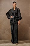 Buy_Tarun Tahiliani_Black Trouser Satin Embellished Metallic Stud Shawl Collar Top Set _at_Aza_Fashions