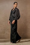 Buy_Tarun Tahiliani_Black Trouser Satin Embellished Metallic Stud Shawl Collar Top Set _Online_at_Aza_Fashions