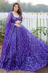 Mehak Murpana_Purple Net Embroidery Sequin Leaf Neck Bridal Lehenga Set 