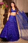 Buy_Mehak Murpana_Blue Crepe Embroidered Sequin Plunge V Neck Bridal Lehenga Set _at_Aza_Fashions