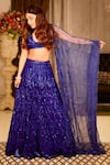 Mehak Murpana_Blue Crepe Embroidered Sequin Plunge V Neck Bridal Lehenga Set 