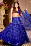 Mehak Murpana_Blue Crepe Embroidered Sequin Plunge V Neck Bridal Lehenga Set 