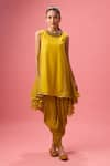 Buy_Nikasha_Yellow 100% Pure Silk Crepe Neckline Asymmetric Kurta And Dhoti Pant Set _at_Aza_Fashions