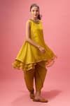 Buy_Nikasha_Yellow 100% Pure Silk Crepe Neckline Asymmetric Kurta And Dhoti Pant Set _Online_at_Aza_Fashions