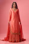 Buy_Nikasha_Peach 100% Pure Raw Silk Embroidered Gota Notched Kurta Lehenga Set _at_Aza_Fashions