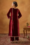 Shop_Bhawna Sethi_Maroon Kurta And Pant Silk Velvet Embroidered Zardozi Keyhole Nur Jahan Set _at_Aza_Fashions