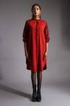 Buy_Jayati Goenka_Red Cotton Satin Solid Mandarin Collar Celestial Shirt Dress _at_Aza_Fashions