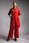 Buy_Jayati Goenka_Red Cotton Satin Solid Mandarin Collar Celestial Kurta With Trouser _at_Aza_Fashions