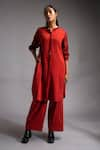 Jayati Goenka_Red Cotton Satin Solid Mandarin Collar Celestial Kurta With Trouser _at_Aza_Fashions