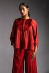 Buy_Jayati Goenka_Red Cotton Satin Applique Velvet High Round Lush Yoke Blouson Top With Trouser _Online_at_Aza_Fashions