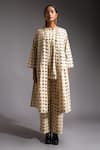 Jayati Goenka_Beige Cotton Poplin Print Handblock Open Neck Venus Motif Jacket And Pant Set _Online_at_Aza_Fashions