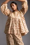 Jayati Goenka_Beige Cotton Poplin Print Handblock Swing Motif Shirt Blouse With Trouser _at_Aza_Fashions