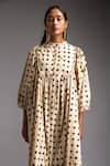 Buy_Jayati Goenka_Beige Cotton Poplin Print Handblock Mandarin Collar Voyage Motif Midi Dress _Online_at_Aza_Fashions