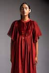 Jayati Goenka_Red Cotton Satin Applique Velvet Mandarin Collar Moonlit Yoke Midi Dress _Online_at_Aza_Fashions