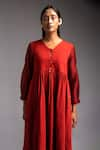 Jayati Goenka_Red Cotton Satin V Neck Nomad A-line Empire Dress _Online_at_Aza_Fashions