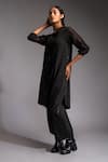 Jayati Goenka_Black Cotton Satin Solid Mandarin Collar Noir Celestial Kurta With Trouser _at_Aza_Fashions