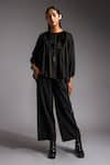 Buy_Jayati Goenka_Black Cotton Satin Applique Velvet High Round Neck Yoke Blouson Top With Trouser _at_Aza_Fashions