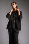 Buy_Jayati Goenka_Black Cotton Satin Applique Velvet High Round Neck Yoke Blouson Top With Trouser 