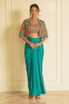 Buy_Vesture_Green Armani Satin Beautiful Bloom Embroidered Crop Jacket And Draped Skirt Set _at_Aza_Fashions