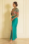 Vesture_Green Armani Satin Beautiful Bloom Embroidered Crop Jacket And Draped Skirt Set _Online_at_Aza_Fashions