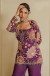 Buy_Vesture_Purple Crepe Print Beads Floral Cutdana Embroidered Short Kurta And Sharara Set _Online_at_Aza_Fashions