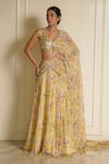 Buy_Vesture_Yellow Chiffon Print Sequin Daisy Dream Embroidered Pre-draped Saree With Blouse _at_Aza_Fashions