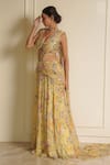 Buy_Vesture_Yellow Chiffon Print Sequin Daisy Dream Embroidered Pre-draped Saree With Blouse _Online_at_Aza_Fashions