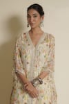 Vesture_White Chiffon Print Floral Petal Perfection Asymmetric Kaftan With Palazzo _Online_at_Aza_Fashions