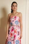 Vesture_Pink Georgette Print Floral Halter Neck Petal Pizza Jumpsuit _at_Aza_Fashions