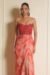 Buy_Vesture_Orange Chiffon Print Floral Sweetheart Carnation Draped Skirt With Corset _Online_at_Aza_Fashions