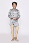 Petite Pomme_Beige Silk Embroidery Floral Woven Asymmetric Sherwani With Pyjama _at_Aza_Fashions