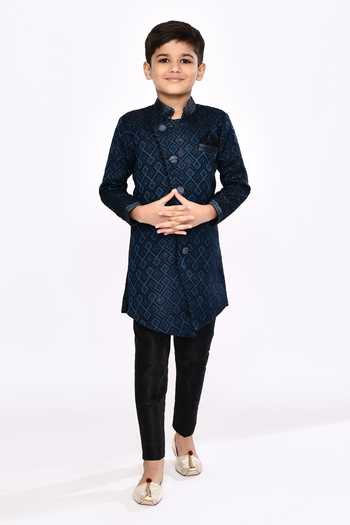 Buy_Petite Pomme_Blue Brocade, Silk Beads Geometric Woven Asymmetric Sherwani With Pyjama _at_Aza_Fashions