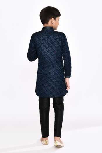 Shop_Petite Pomme_Blue Brocade, Silk Beads Geometric Woven Asymmetric Sherwani With Pyjama _at_Aza_Fashions