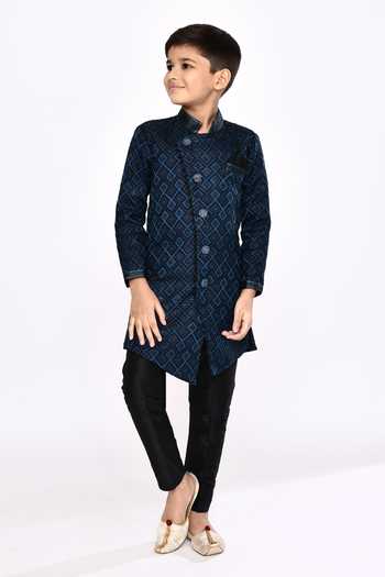 Buy_Petite Pomme_Blue Brocade, Silk Beads Geometric Woven Asymmetric Sherwani With Pyjama _Online_at_Aza_Fashions