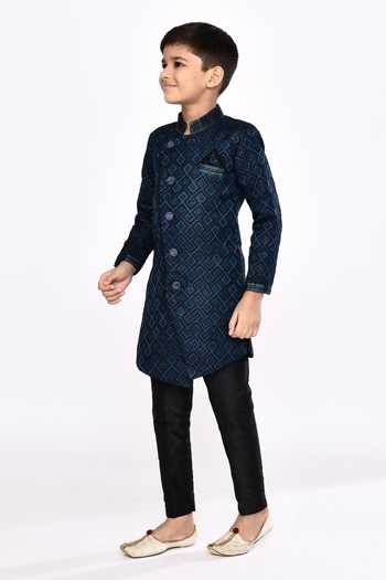 Shop_Petite Pomme_Blue Brocade, Silk Beads Geometric Woven Asymmetric Sherwani With Pyjama _Online_at_Aza_Fashions