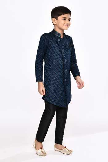 Petite Pomme_Blue Brocade, Silk Beads Geometric Woven Asymmetric Sherwani With Pyjama _at_Aza_Fashions