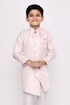 Shop_Petite Pomme_Pink Kota Doria, Silk Sequins Embroidered Asymmetric Sherwani And Pyjama Set _Online_at_Aza_Fashions