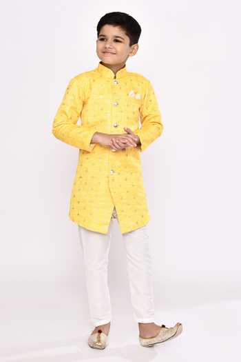 Buy_Petite Pomme_Yellow Jacquard, Silk Sequins, Embroidery Geometric Sherwani And Pyjama Set _at_Aza_Fashions