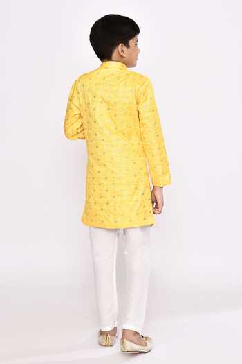 Shop_Petite Pomme_Yellow Jacquard, Silk Sequins, Embroidery Geometric Sherwani And Pyjama Set _at_Aza_Fashions