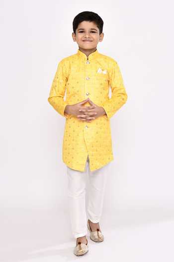 Buy_Petite Pomme_Yellow Jacquard, Silk Sequins, Embroidery Geometric Sherwani And Pyjama Set _Online_at_Aza_Fashions