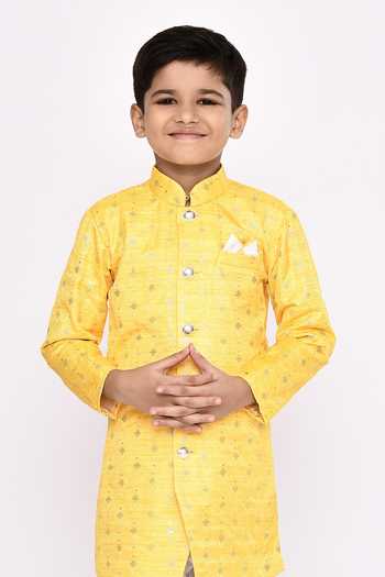 Shop_Petite Pomme_Yellow Jacquard, Silk Sequins, Embroidery Geometric Sherwani And Pyjama Set _Online_at_Aza_Fashions