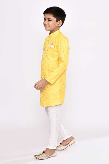 Petite Pomme_Yellow Jacquard, Silk Sequins, Embroidery Geometric Sherwani And Pyjama Set _at_Aza_Fashions