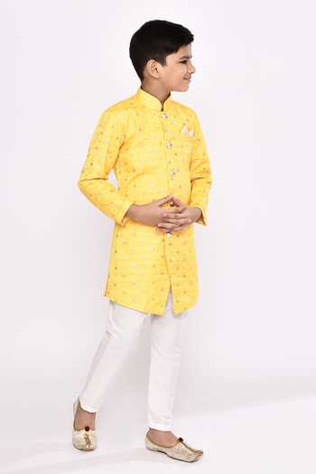 Buy_Petite Pomme_Yellow Jacquard, Silk Sequins, Embroidery Geometric Sherwani And Pyjama Set 