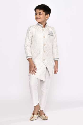 Buy_Petite Pomme_Cream Brocade, Silk Embroidery Asymmetric Geometric Sherwani And Pyjama Set _at_Aza_Fashions