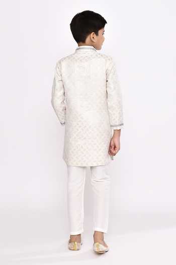 Shop_Petite Pomme_Cream Brocade, Silk Embroidery Asymmetric Geometric Sherwani And Pyjama Set _at_Aza_Fashions